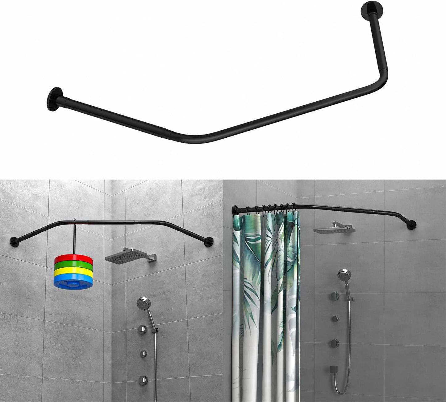 Corner Shower Curtain Rod Adjustable Stainless Steel Diamond Shaped Rack Drill Free Install for Bathroom, Bathtub, Clothing Store (Black Diamond Shaped, Both Sides: 17"-25.6",Middle:20"-26)