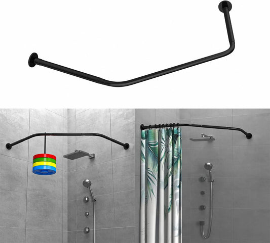 Corner Shower Curtain Rod Adjustable Stainless Steel Diamond Shaped Rack Drill Free Install for Bathroom, Bathtub, Clothing Store (Black Diamond Shaped, Both Sides: 17"-25.6",Middle:20"-26)