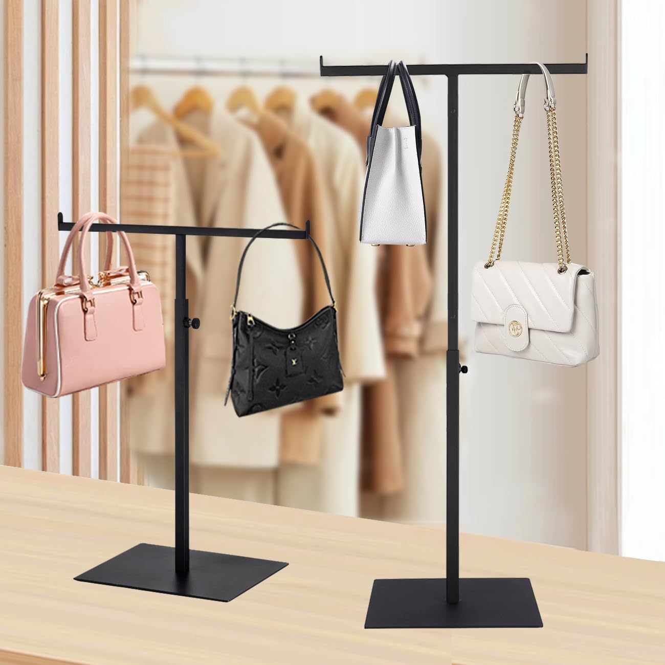 Purse Display Stand T Shaped, Countertop Jewelry/Scarf/Handbag T-Bar Display Stand, Tabletop Double Hook Hanging Stands for Long Necklaces, Metal with Adjustable Height (Black, 2Pcs)
