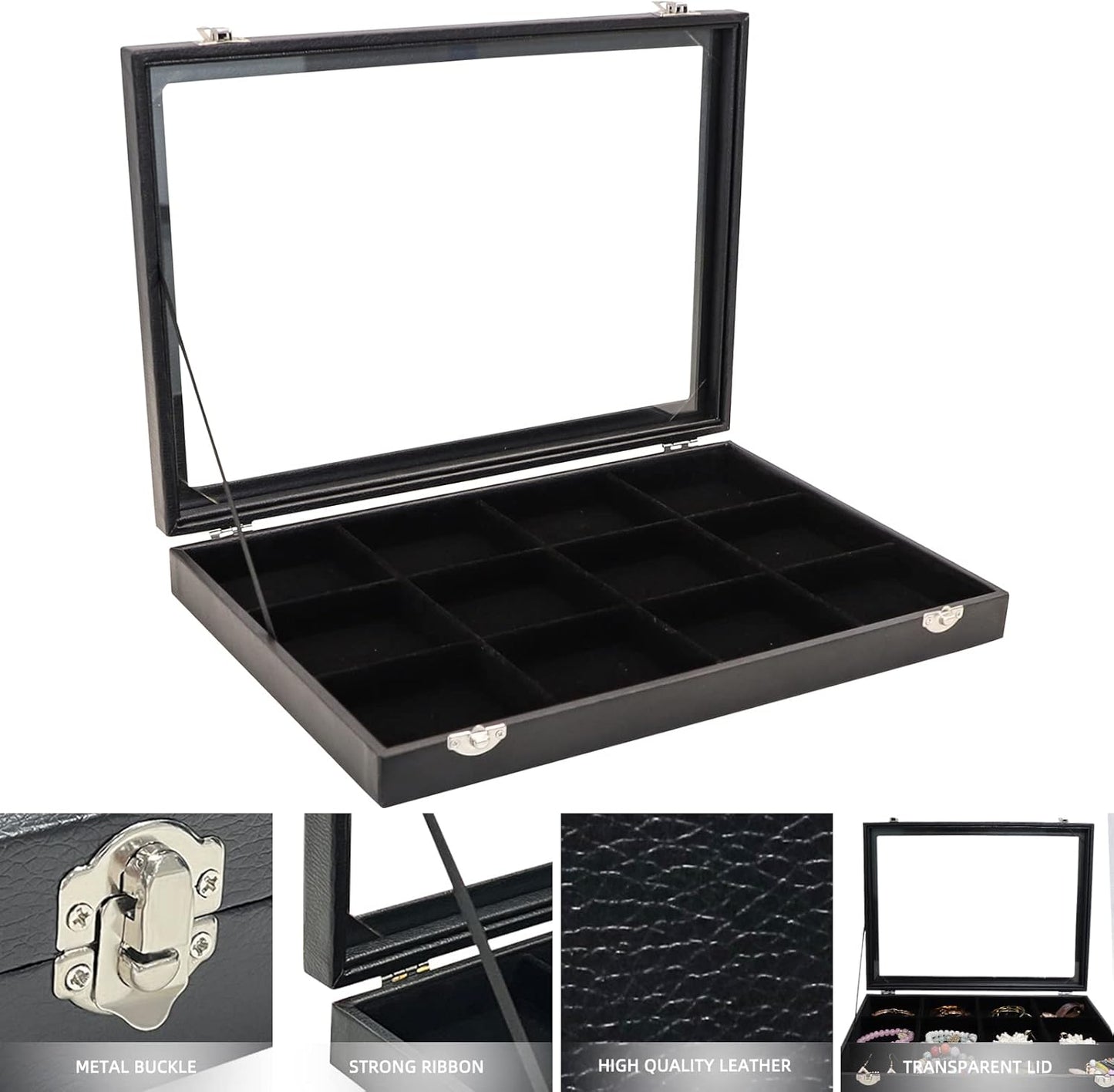Wudygirl Jewelry Tray 12 Grid Jewelry Organizer with Clear Lid Bracelet Holder Organizer Display Case Removable, Black Velvet (12 Grid)