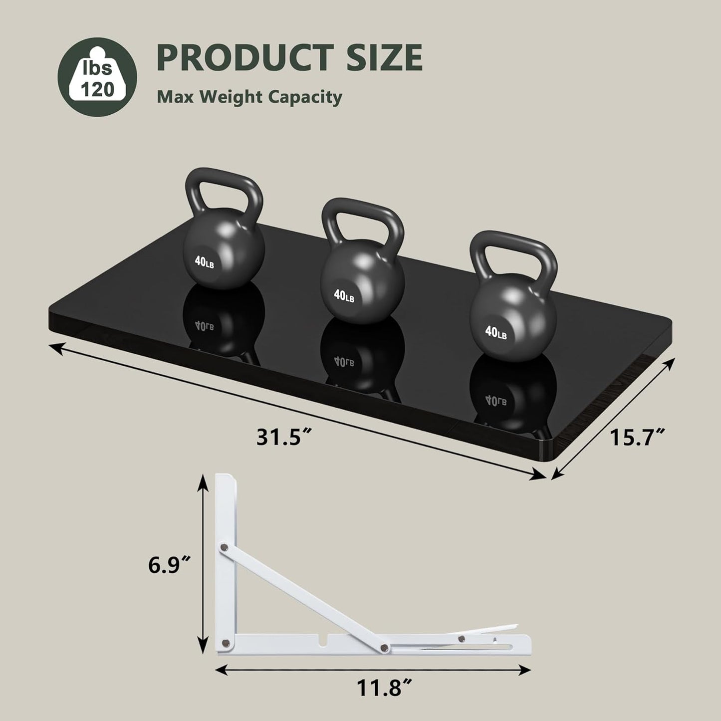 Clikuutory Wall Mounted High Gloss Folding Table, Wall Desk Fold Down for Small Spaces, Folding Workbench for Laundry Room, Home Office, Kitchen, Bedroom, Home Bar, Black(31.5"×15.7")