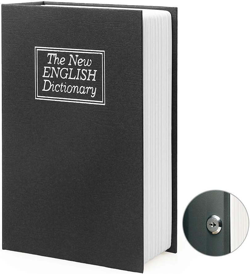 Diversion Book Safe Storage Box (9.5"×6"×2.2"), Dictionary Secret Safe Can with Security Key Lock, Diversion Book Hidden Safe (Black dictionary,Key)