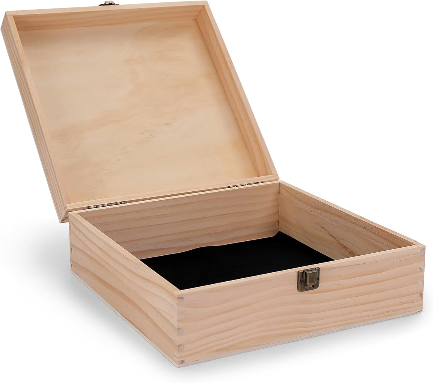makerflo Medium Natural Pine Wood Memory Box with Black Felt Inside, Hinged with Clasp, Keepsake Wooden Box Ideal for Craft and Personalization (Laser Engraving, Epoxy, UV DTF, and Vinyl) – Pack of 1