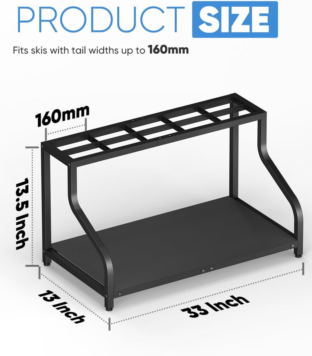 Ski Storage Rack for Garage — Freestanding Ski Holder for 5 Pair Skis, Helmet, Goggles, gloves, Indoor Snowboard Rack Organizer Stand for Home, Shed, Basement, Black