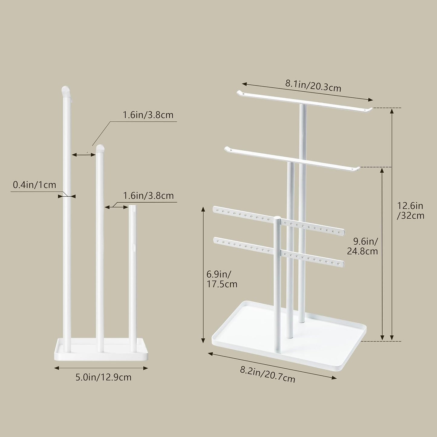 Jewelry Stand Organizer for Necklace Earring - 14.5" Sturdy Metal, 3-TierJewelry Holder for Bracelet, Ring Display and Storage, White