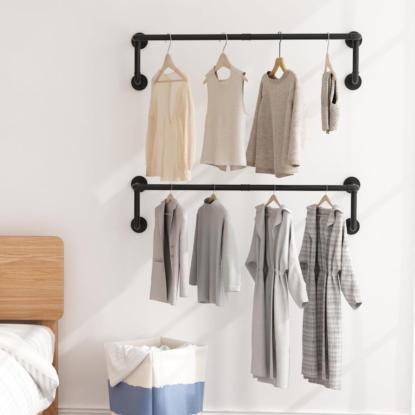 Industrial Pipe Clothes Racks 2 Pack, Black Pipe Wall Mounted Clothing Racks for Hanging Clothes, Space Saving Closet Hanging Rod for Laundry Room, Bedroom