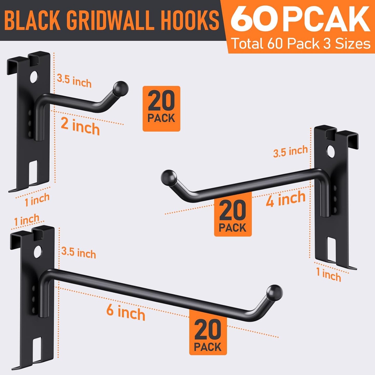 INCLY 2/4/6 Inch Gridwall Hooks, 60 Pack Heavy Duty Black Display Hooks for Grid Wall Panels, Grid Wall Accessory for Storage Display Clothes in Retail Shop Garage