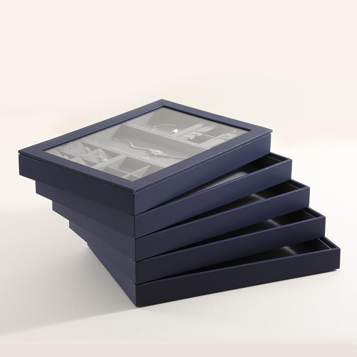 Dark Blue Jewelry Display Tray Ring Necklace Earring Bangle Organizer Multifunctional Storage Case for Jewelry Showcase (Small 4 Grids Tray)