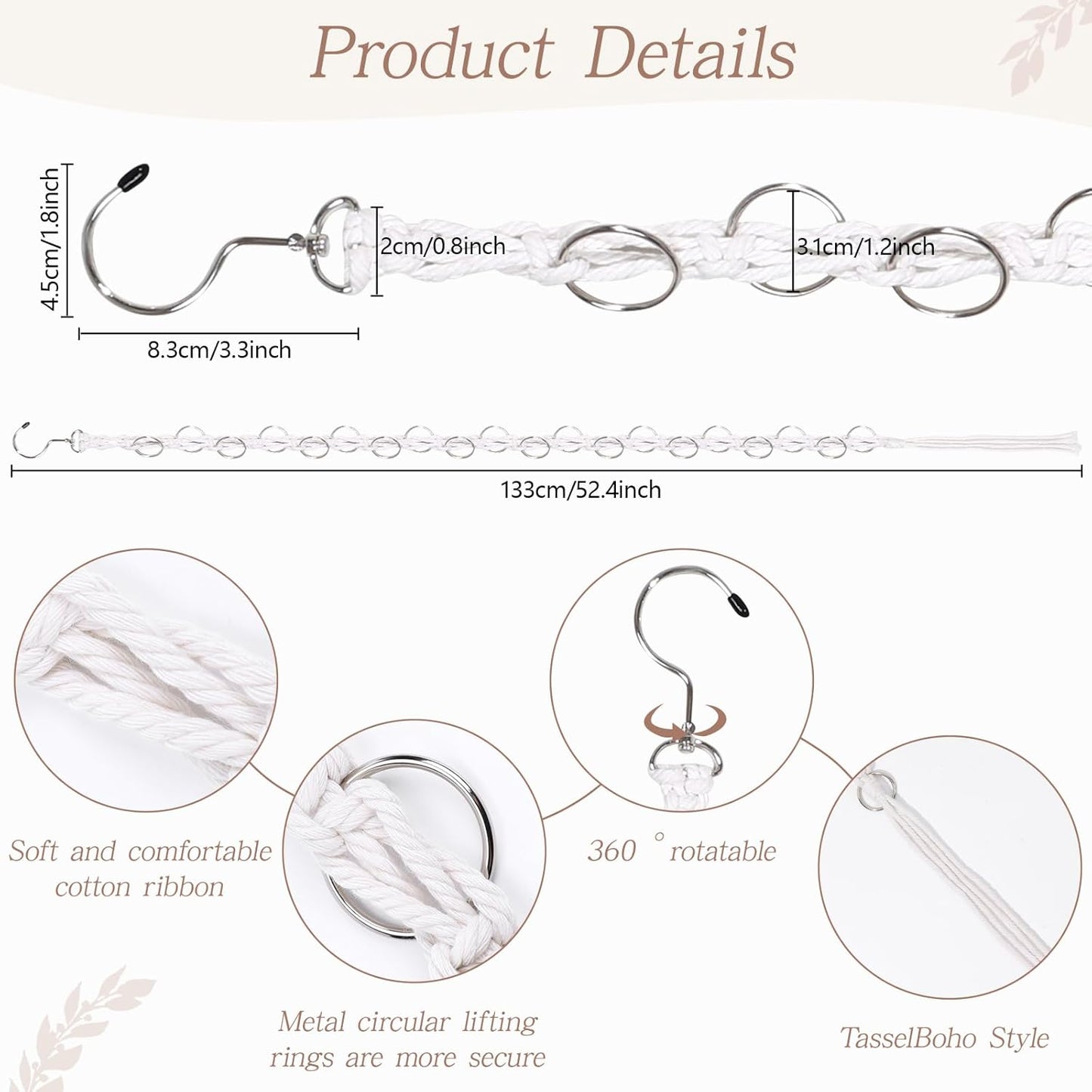 SNOWSTAR Macrame Hair Claw Clip Organizer with Rotating Hook and 20 Metal Rings,Hanging Hair Clip Holder and Storage for Women Girls,Claw Clips Hanger Home Decor for Wall,Door,Closet