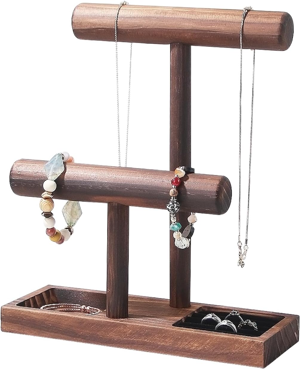 ByKen Necklace Holder,Bracelet Holder,Jewelry Organizer Stand with Earrings Rings Tray,Jewelry Holder for Scrunchie Watches (Wood)