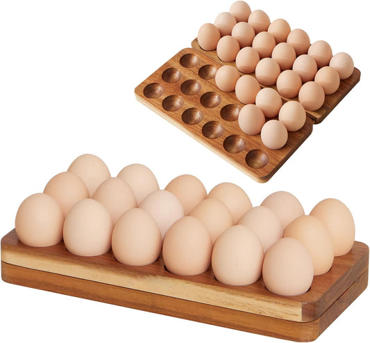 Egg Basket for Chicken Owners Egg Holder Countertop for Parents with Kids Suitable for Kitchen Counter Foldable Acacia Wood Egg Storage Stacks 36 Eggs, Egg Tray Save Counter Space for Fresh Eggs