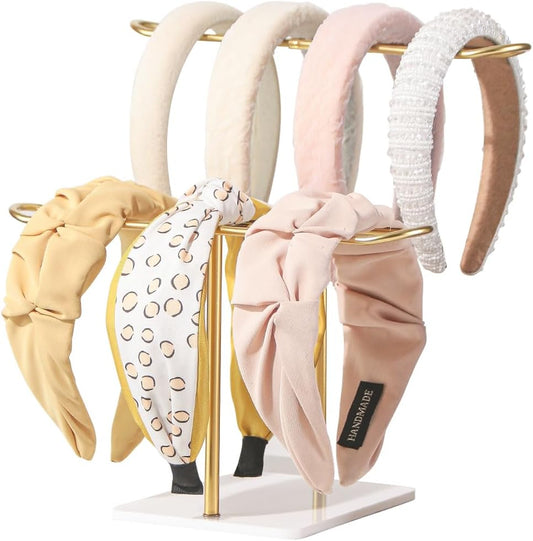 2 Tier Headband Holder,Metal Hair Band Organizer,Ear Diplay Stand,Hair Accessories Bracelets Bedroom College Dorm Decor for Girls Women (Gold)