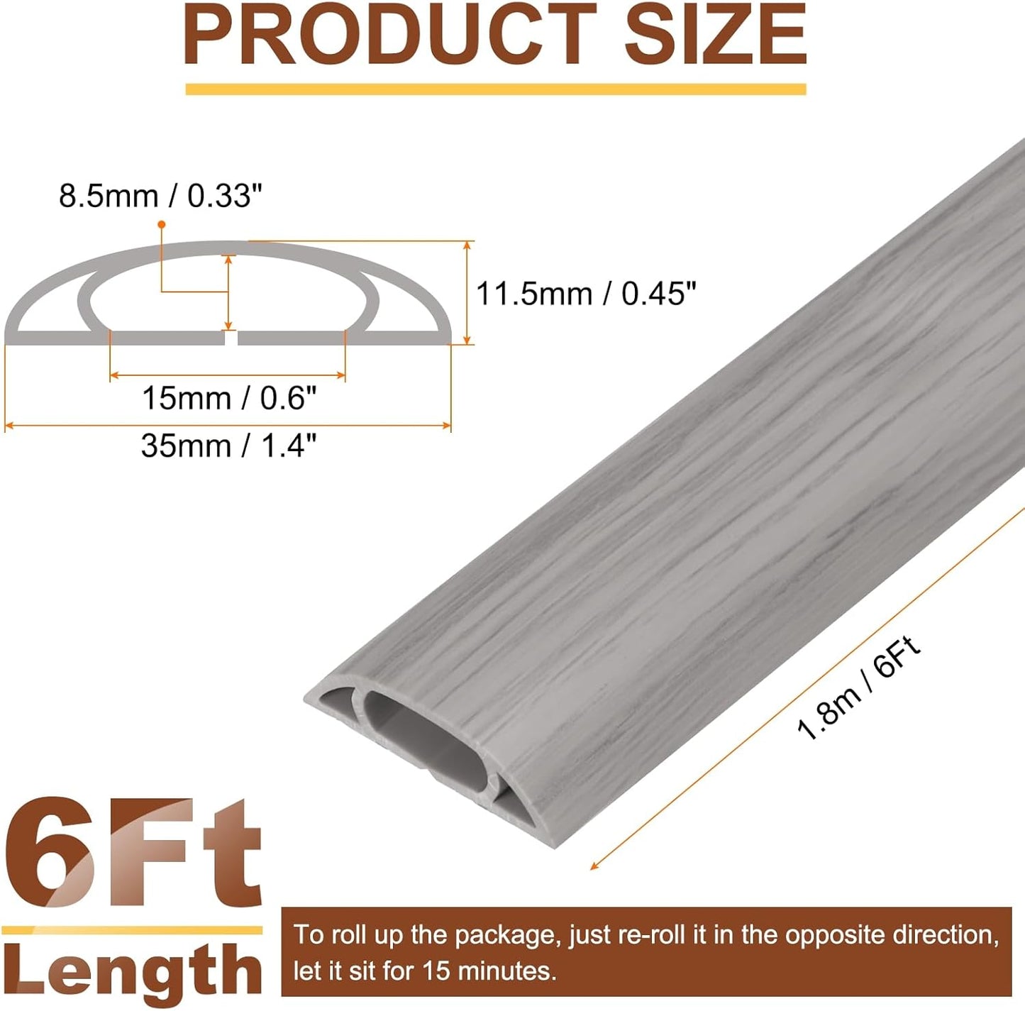 HARFINGTON 6ft Cord Cover Floor W0.6 x H0.33 Inner Channel PVC Hide Extension Cable Floor Wire Hider Wire Covers Protector for Prevent Cable Trips Cables Management, Wood Grey