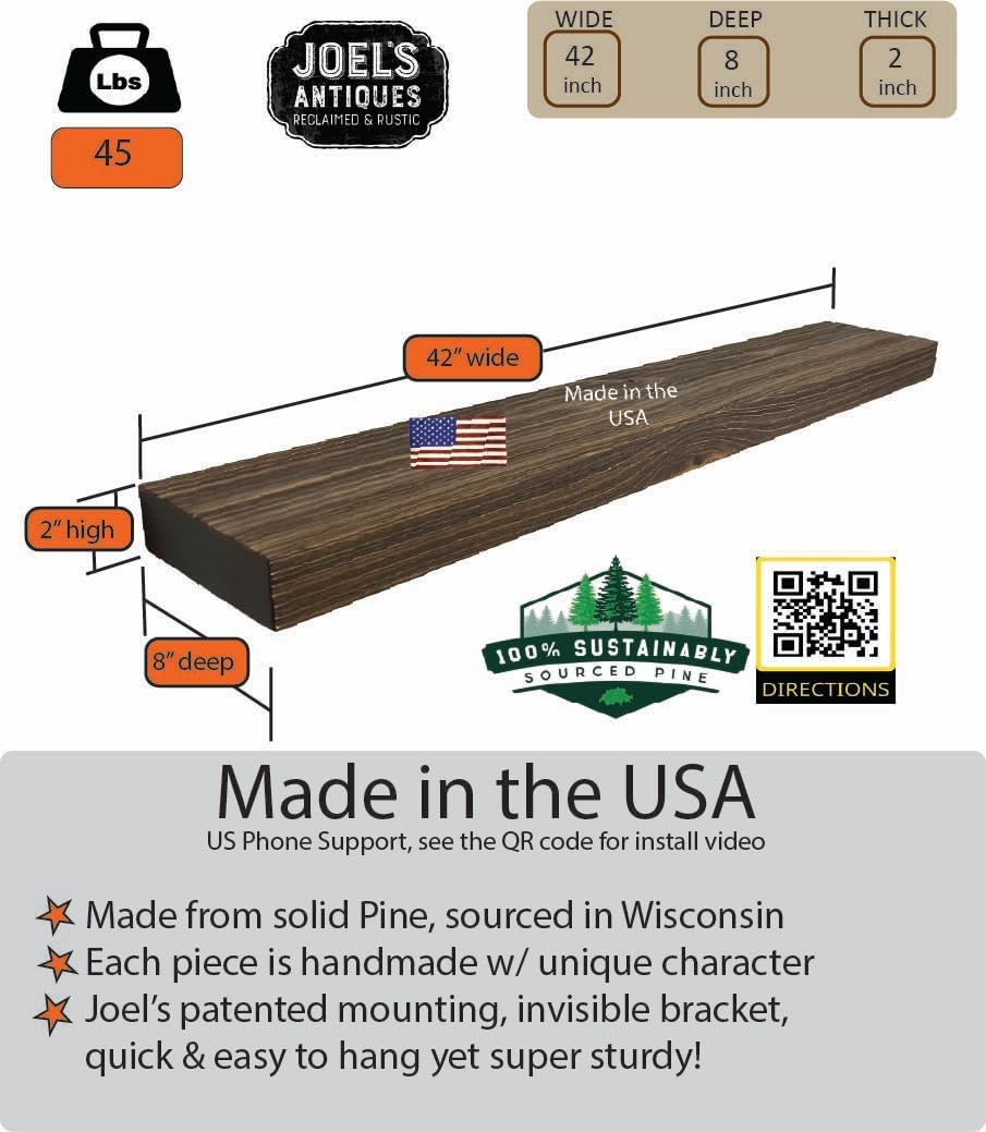 joelsantiques 42 Inch Wooden Floating Shelves for Wall - 42x8x2 in - Made of Natural Wood - Heavy Duty Rustic Wall Shelves Made in USA - Perfect for Living Room, Kitchen - Brown