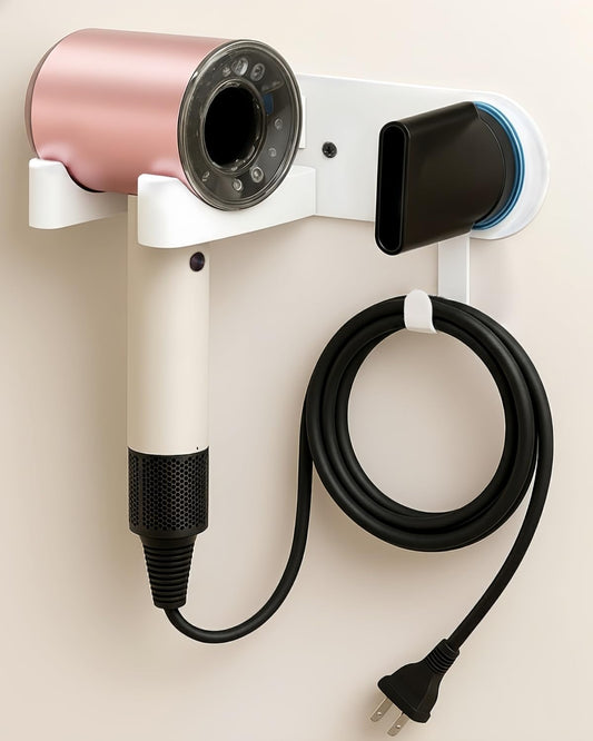 Hair Dryer Holder Wall Mounted, Blow Dryer Holder with Strong Magnet, Dyson Hair Dryer Holder Adhesive Aluminum Alloy Organizer for Bathroom White UEMUSI