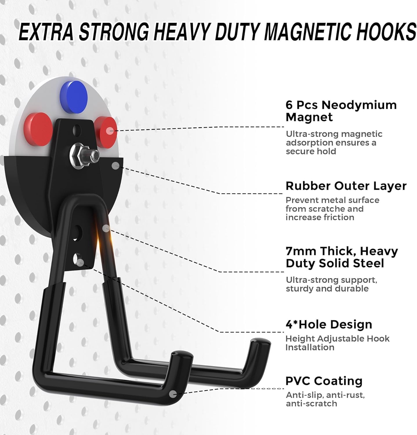 8 Pack Heavy Duty Storage Magnetic Utility Hooks Large Garage Strong Extra Magnet Hooks Hanger with Anti-Slip Coating Heavy Duty Magnetic Hooks for Hanging Power Dril Garage Garden Tools Black