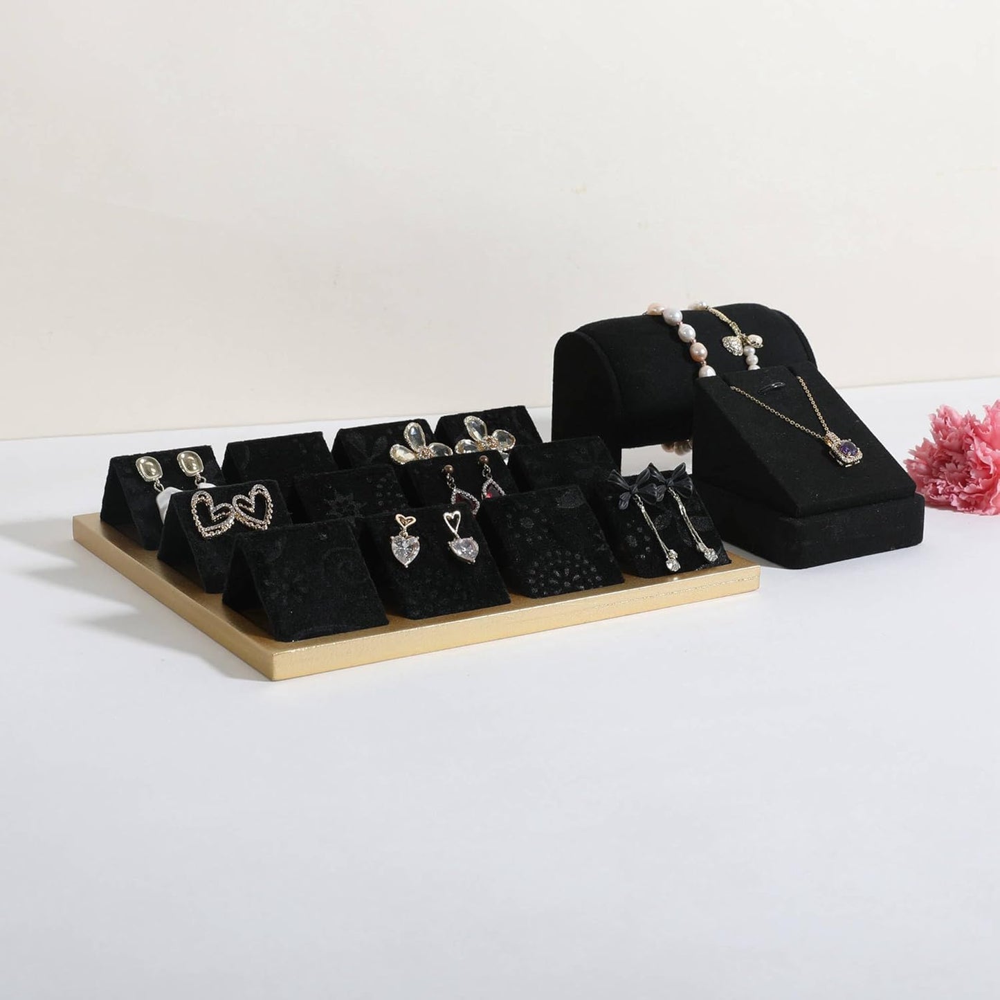 GemeShou Golden coated earring display stand for selling, velvet stud earring holder for jewelry display, Jewlery earring storage organizer tray, studs holder jewelry organizer【Earring holder-Black】
