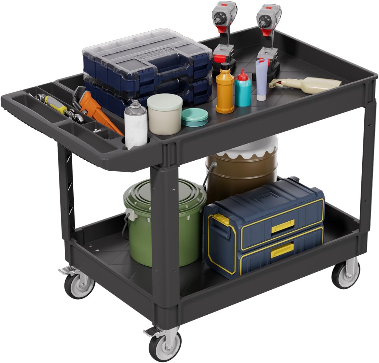 2 Tier Plastic Rolling Utility Cart on Wheels, Heavy Duty Tool Cart with Deep Shelves and 360° Swivel Wheels Holds up to 550 lbs, Service Cart for Warehouse,Garage, Cleaning (Black-L)
