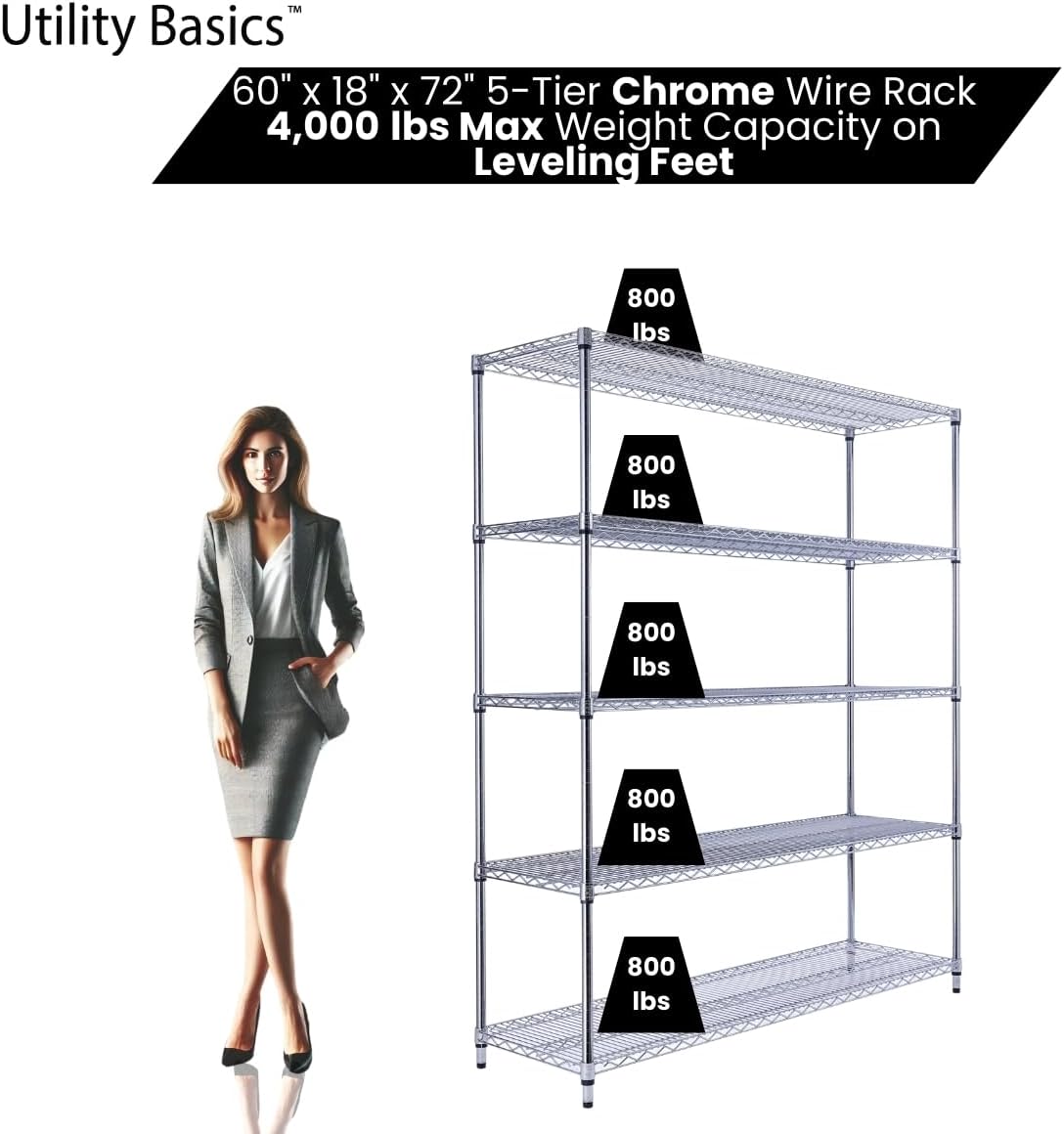 NSF Commercial 5-Tier Wire Shelving with Wheels, 60"x18"x72" Heavy Duty Metal Shelves 4000 lbs Max Capacity, Chrome Storage Rack for Garage Kitchen Pantry Warehouse