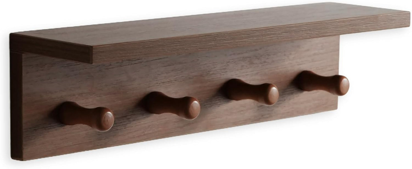 Entrance Coat Rack ，Coat Hooks, Wall-Mounted Wooden Hook Rack, Wall-Mounted Shelves are Very Suitable (Teak Colored Veneer)