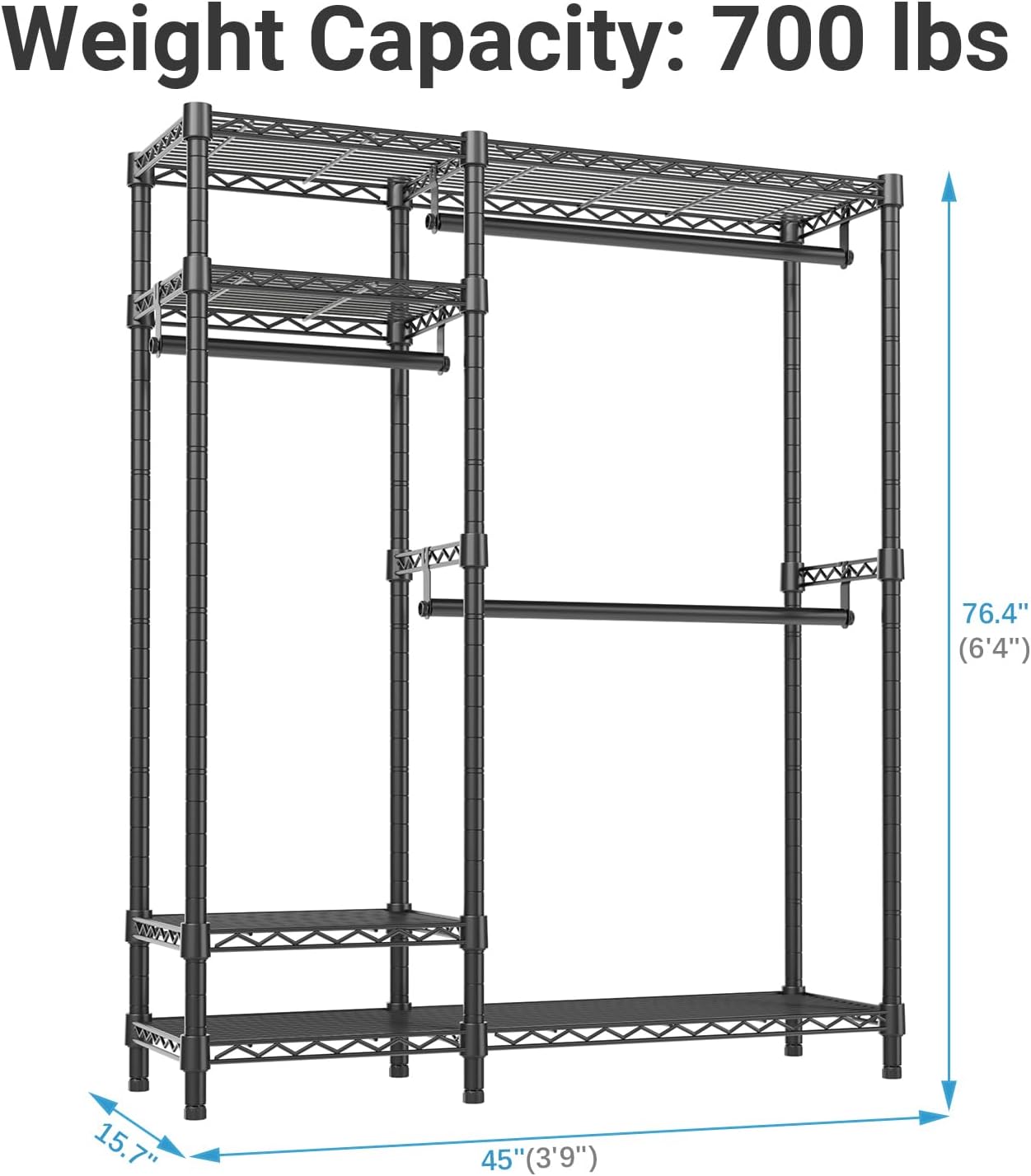 VIPEK V2 Heavy Duty Clothes Rack, Portable Metal Clothing Racks with 4 Tiers Adjustable Wire Shelving & 3 Hanging Rods, Freestanding Wardrobe Portable Closet Rack, Max Load 700LBS, Black