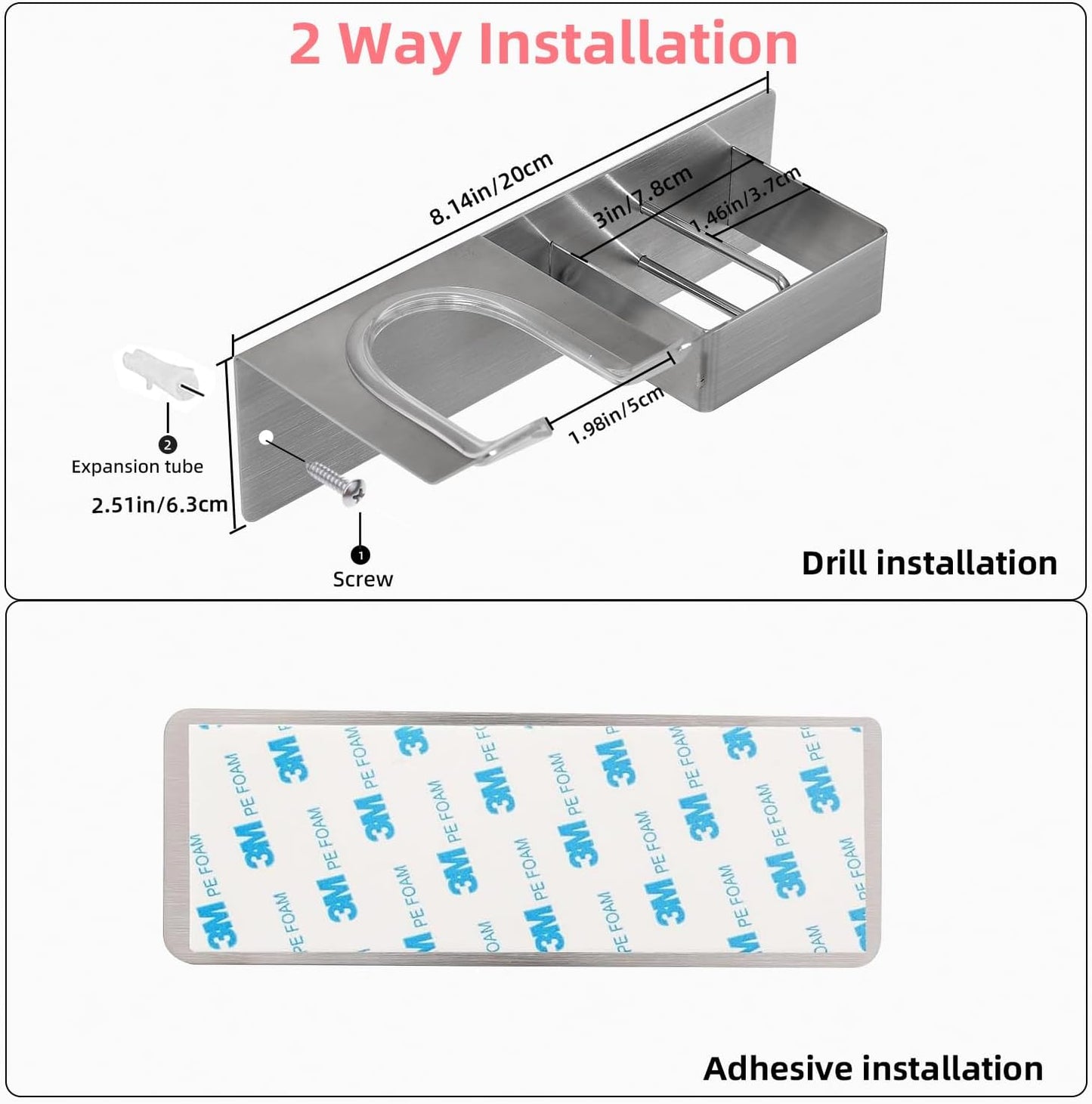 Hair Dryer Holder Wall Mounted, Hair Tool Organizer Wall Mount for Bathroom, Stainless Steel Hair Dryer Holder, Blow Dryer Holder Adhesive/Drilling Hair Dryer and Straightener Holder UEMUSI