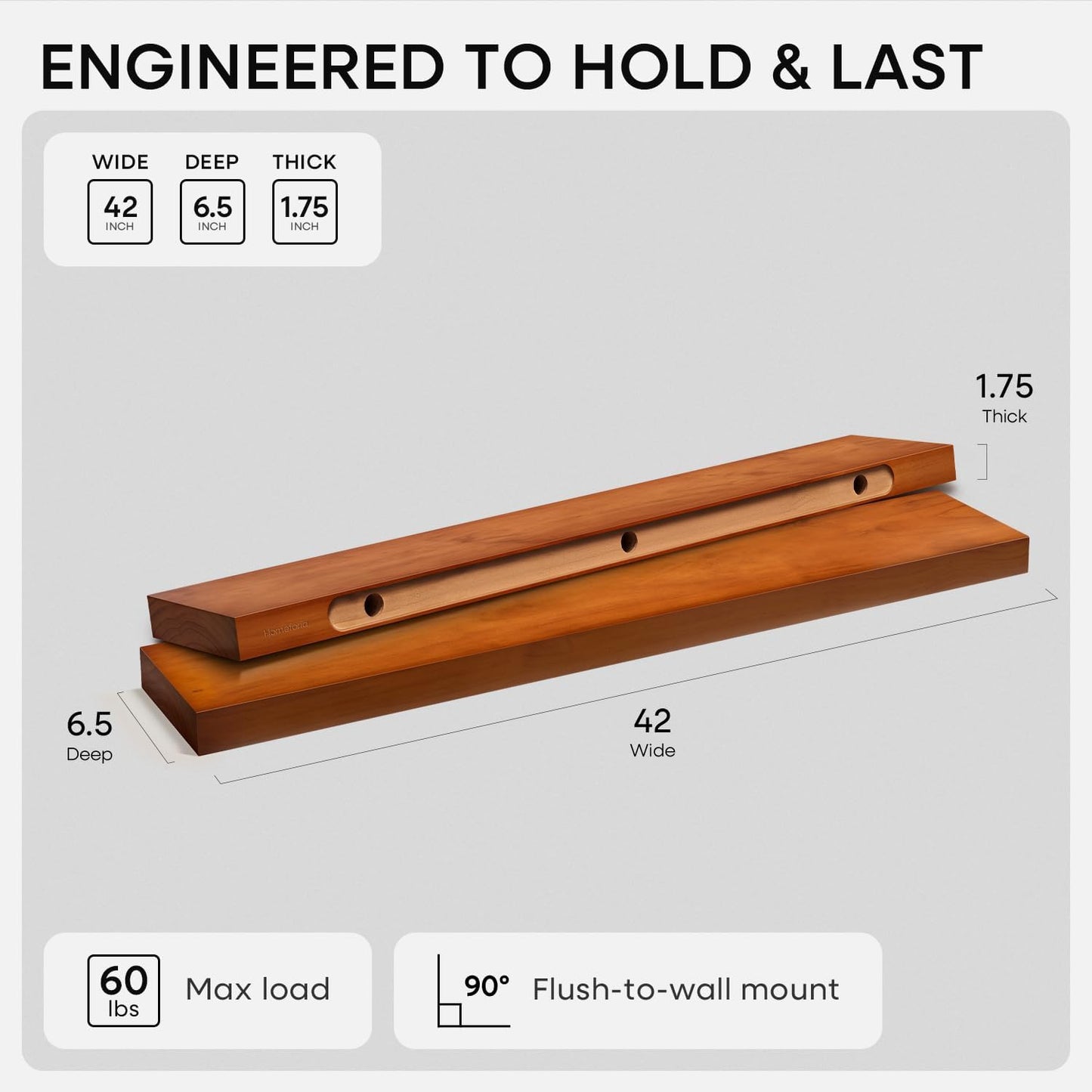 Homeforia Oak Floating Shelves 42 inch Long, High End Solid Real Wood 42inch Floating Shelves for Wall Mounted, Honey Oak Wooden 42in Floating Shelf, Heavy Duty Bracket, 42 X 6.5 X 1.75 in, Set of 3