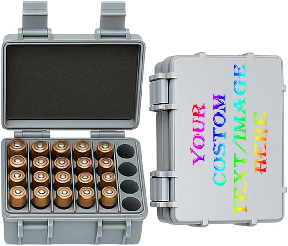 Custom Battery Storage Organizer Box for AA/AAA Batteries, Personalized Logo/Text, Hard Shell Case with Removable Trays and Foam Padding, 3D-Print Compatible Inserts (Medium)