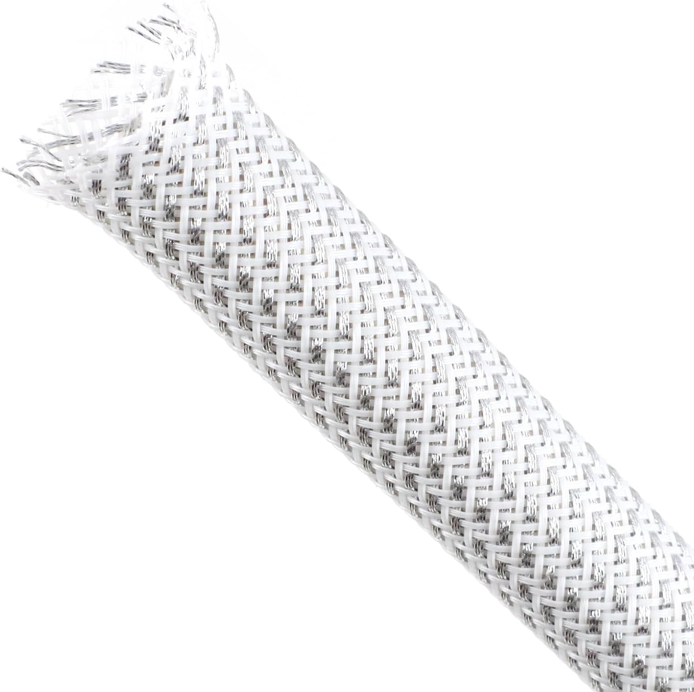 Braided Cable Sleeving, PET Expandable Braided Cable Sleeve, Flexible Mesh Sleeving Cord Management for Audio Video and Other Home Device, Cord Protector from Pets (White Silver, 1" x 25ft)