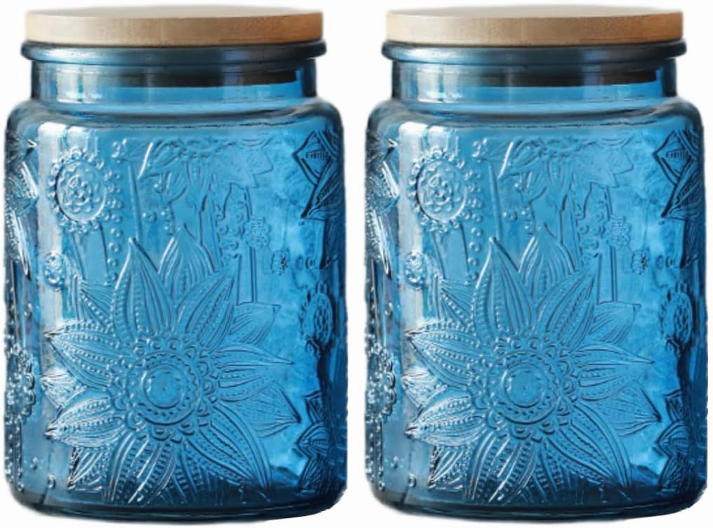 ANSQU 23.7 FL OZ Blue Glass Jars, 2 Pack Vintage Glass Kitchen Storage Counter Jar, Candy Jars with Lids, Mason Jar Hold Coffee Beans, Tea, Cookie, Sugar, Bath Salts & More (Blue, 2 Pack)