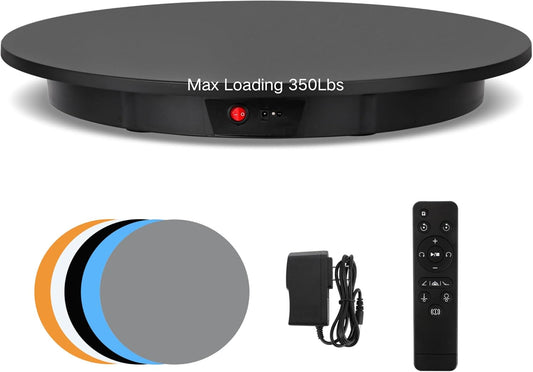 JAYEGT Motorized Rotating Display Stand, 350Lbs Load，360 Degree Electric Rotating Potography Turntable for Products Display，Live Show， Remote Control +5 Colors Backgrounds (Black/23.6Inch/Wired)