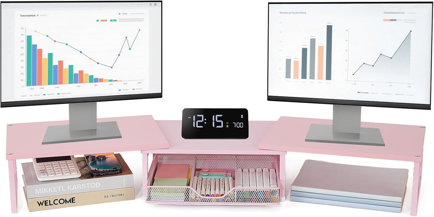 OPNICE Dual Monitor Stand Riser, Desk Organizer with Drawer, Office Desk Organizers and Accessories, Office Workspace Organization Computer Monitor Stand for Laptop, Printer, TV（Pink）
