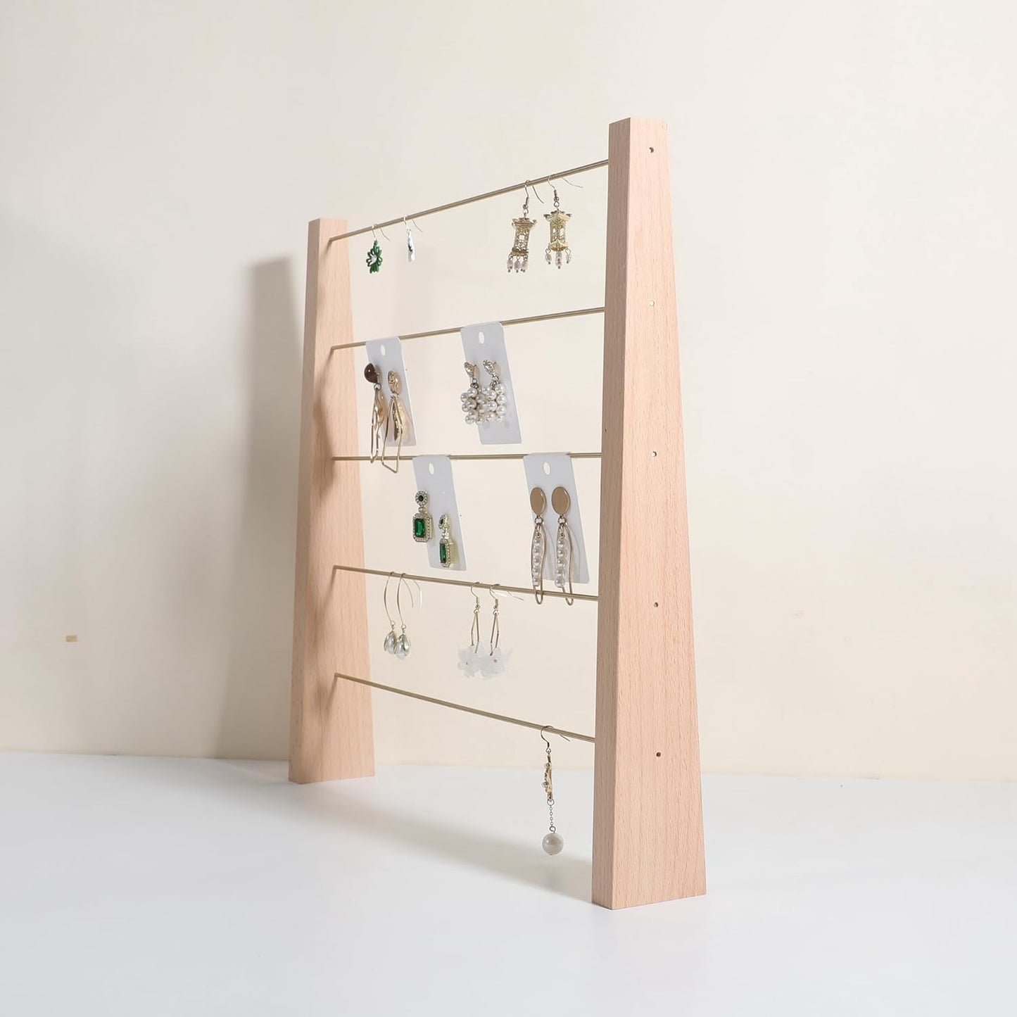 GemeShou 5 Tiers Beech Earring display stands for selling, Wooden Jewelry Shelf, Earring Storage Organizer, Brass earring holders with 30 PVC cards for stud Dangle Hoop【Beech 5-Tier】