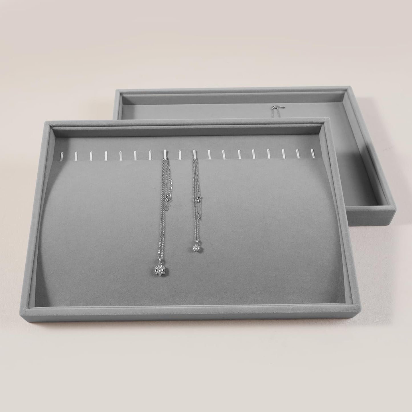 Velvet Jewelry Display Tray For Bracelet Pendant Necklace, Multi-Slot Stackable Storage Tray For Long Chain Jewelries, Drawer Insert Jewelry Organizer (Gray)
