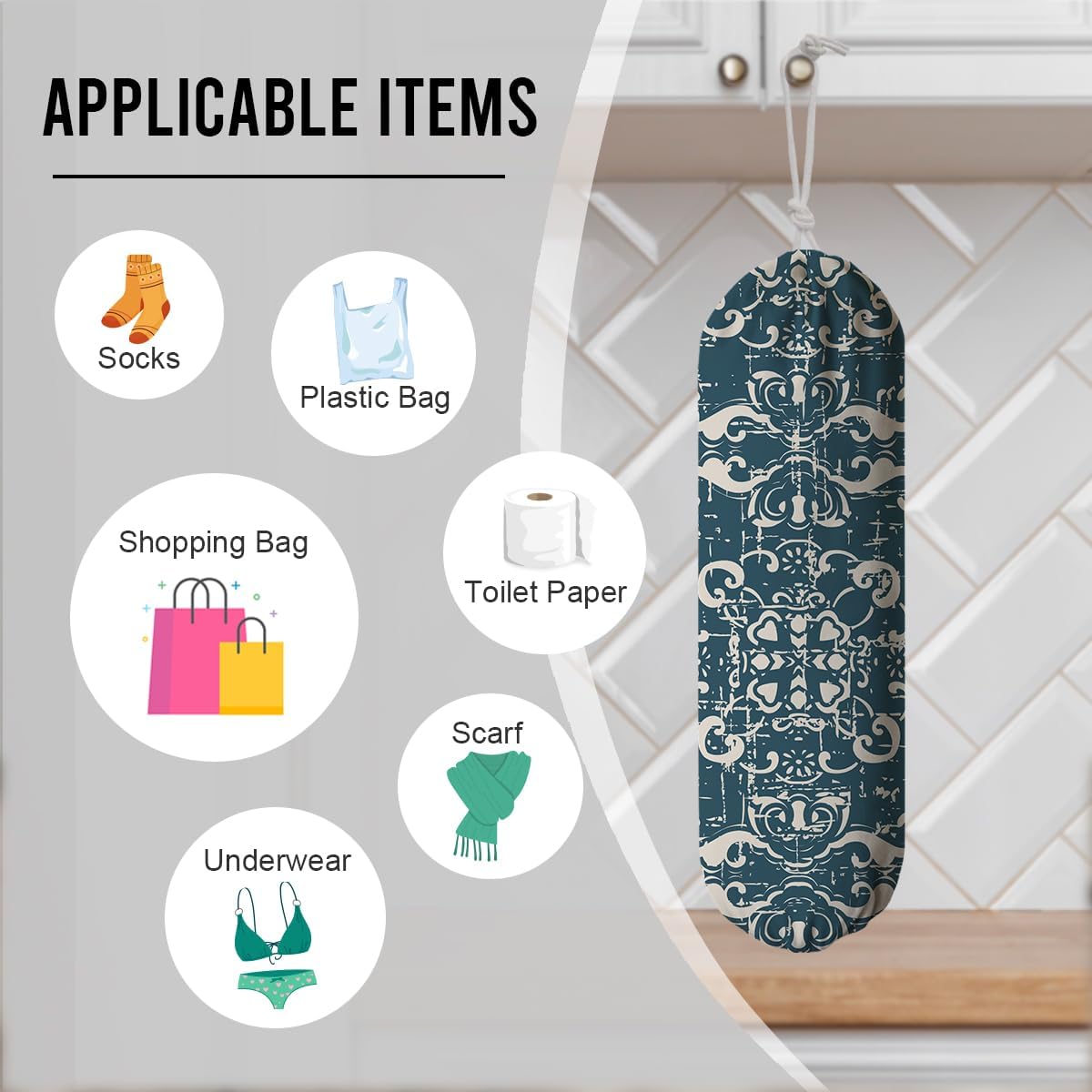 Sage Blue Plastic Bag Holder, Wall Mount Grocery Bags Organizer, Washable Car Trash Bags, Pantry Organization, Kitchen Housewarming Gifts for Women, Kitchen Pattern Garbage Bag 64