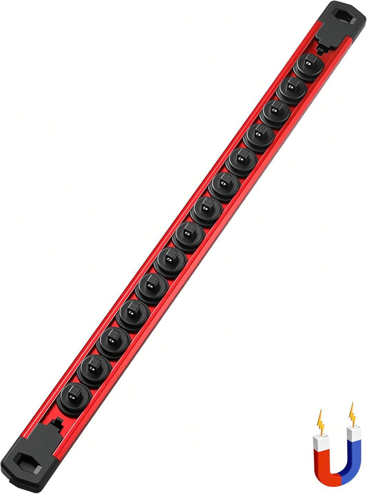 ALOANES 1/4-Inch Drive Magnetic Socket Organizer, Heavy Duty Aluminum Socket Rail Organizer, 360° Swivel Clips Socket Holder Kit for Tool Box, 1/4-Inch Socket Holder x 14 Clips (Red)