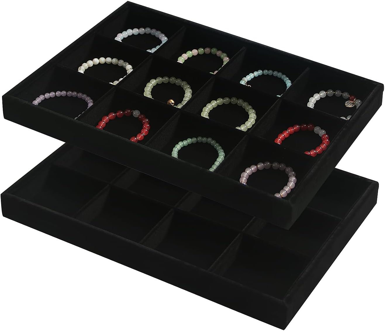 Coward 2PC Black Velvet Stackable 12 Grids Jewelry Organizer Tray Bracelet Display Stand for Selling Velvet Necklace Holder Earring Box Storage (12grid+12grid)