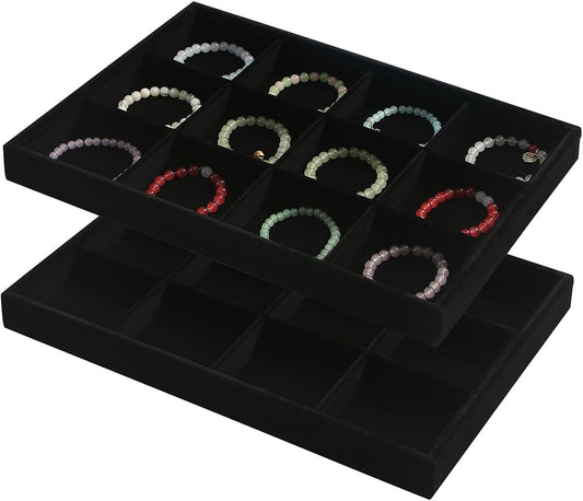 Coward 2PC Black Velvet Stackable 12 Grids Jewelry Organizer Tray Bracelet Display Stand for Selling Velvet Necklace Holder Earring Box Storage (12grid+12grid)