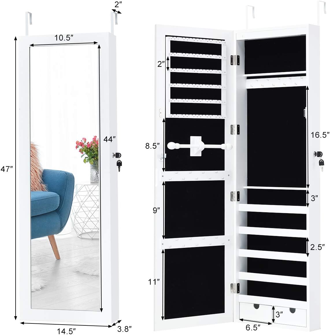 Giantex Jewelry Armoire Cabinet Wall Mounted Door Hanging, Lockable Jewelry Cabinet with Full Length Mirror, 15 LED Lights, Large Storage Jewelry Box Organizers with 2 Drawers (14.5"W x 4"D x 47.5"H)