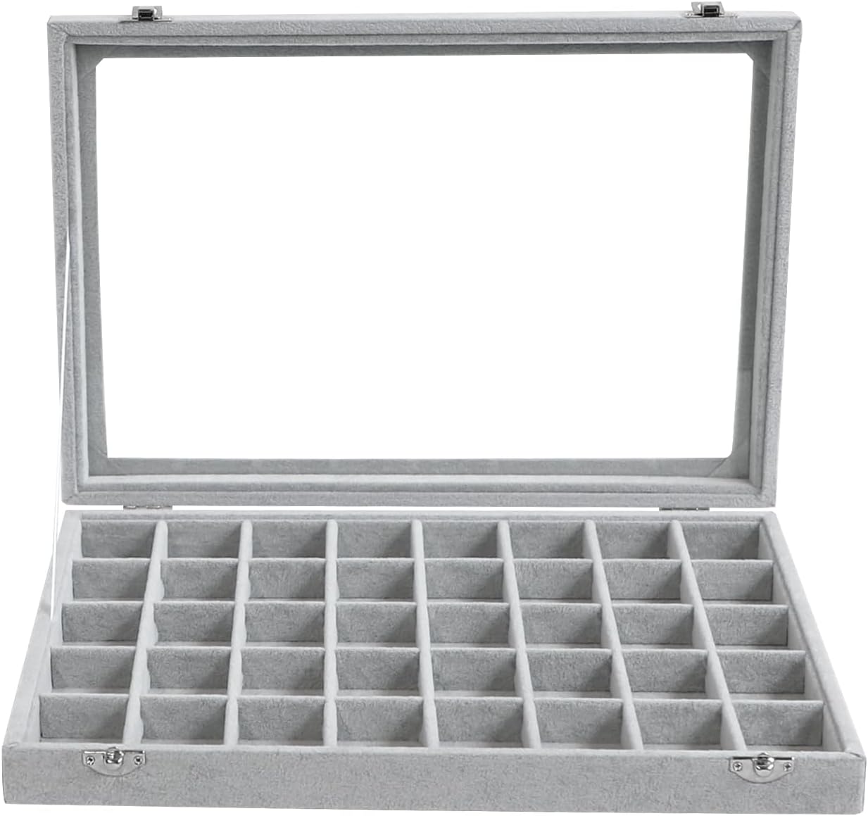 Wudygirl Jewelry Organizer Velvet Jewelry Box 40 Grid Earring Holder Organizer with Lid Ring Holder Ring Display Case Adjustable (Gray)