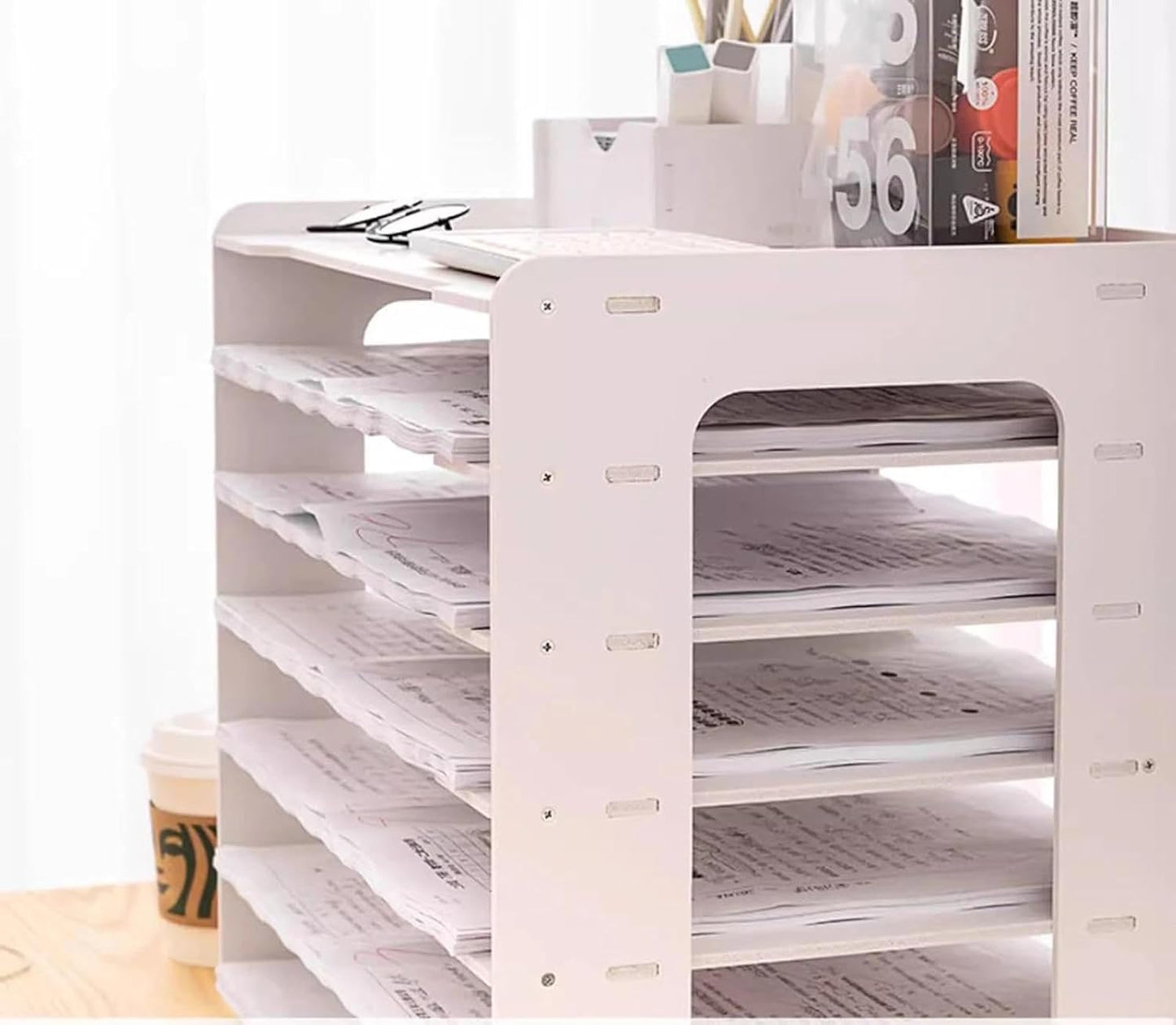 Extra Large A3 Paper Storage Unit, 11x17 Paper Organizer, Tiered Stationery Storage Rack PVC with 7 Compartments, Desk Organizer for Office and School Supplies