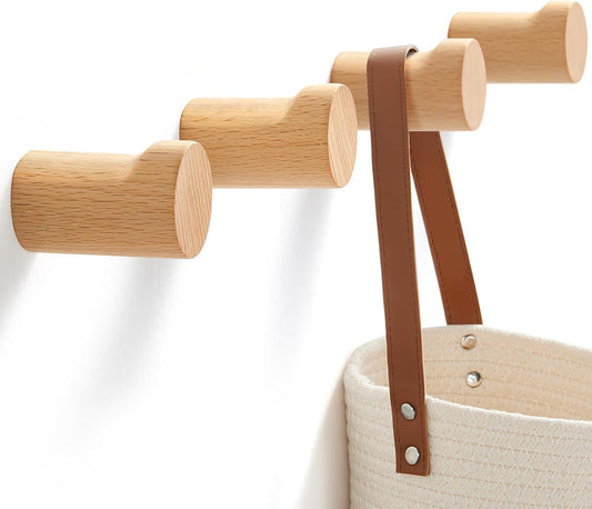 Wooden Wall Hooks 4 Pack, Modern Decorative Coat Hook Wall-Mount, Handmade Rustic Hat Hooks, Entryway Wall Hangers for Hanging Coats Hats Backpack, Bathroom Wood Towel Rack (Natural)