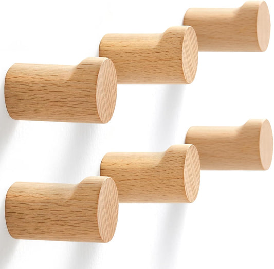 Wooden Wall Hooks 6 Pack, Modern Decorative Coat Hook Wall-Mount, Handmade Rustic Hat Hooks, Entryway Wall Hangers for Hanging Coats Hats Backpack, Bathroom Wood Towel Rack (Natural)
