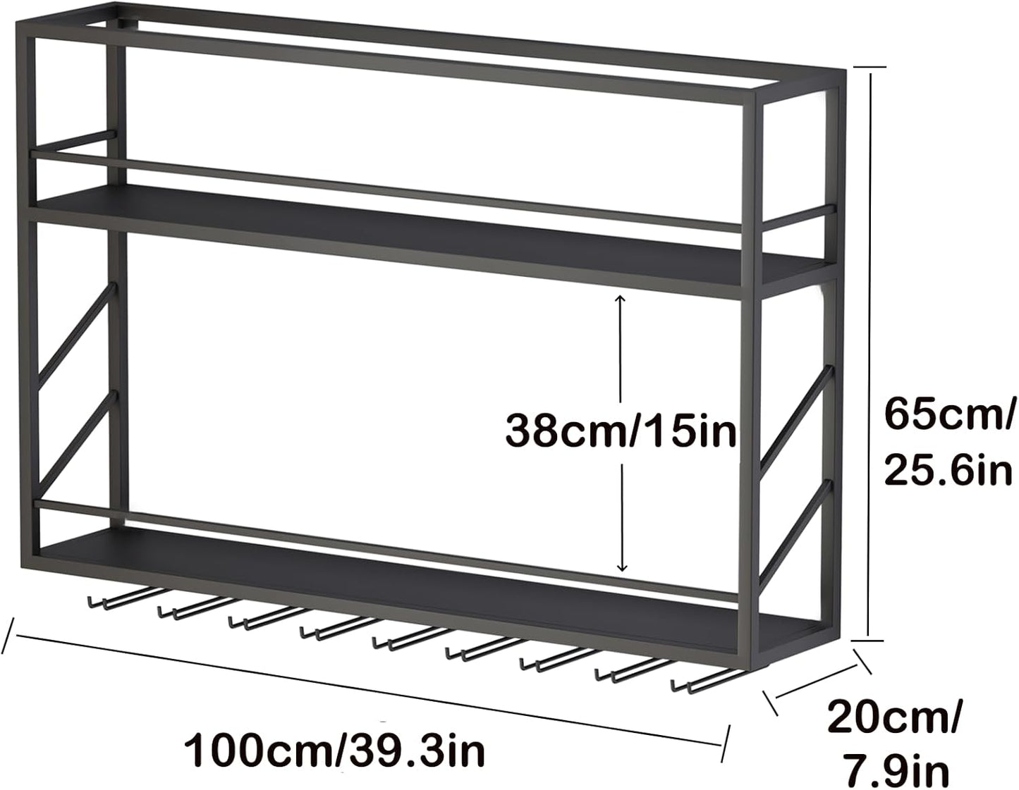 Wall Mounted Wine Rack with Glass Holder, 2-Tier Multi-Functional Shelf for Home, Restaurant, and Bar Storage (39.3”W x 7.8”D x 26”H)