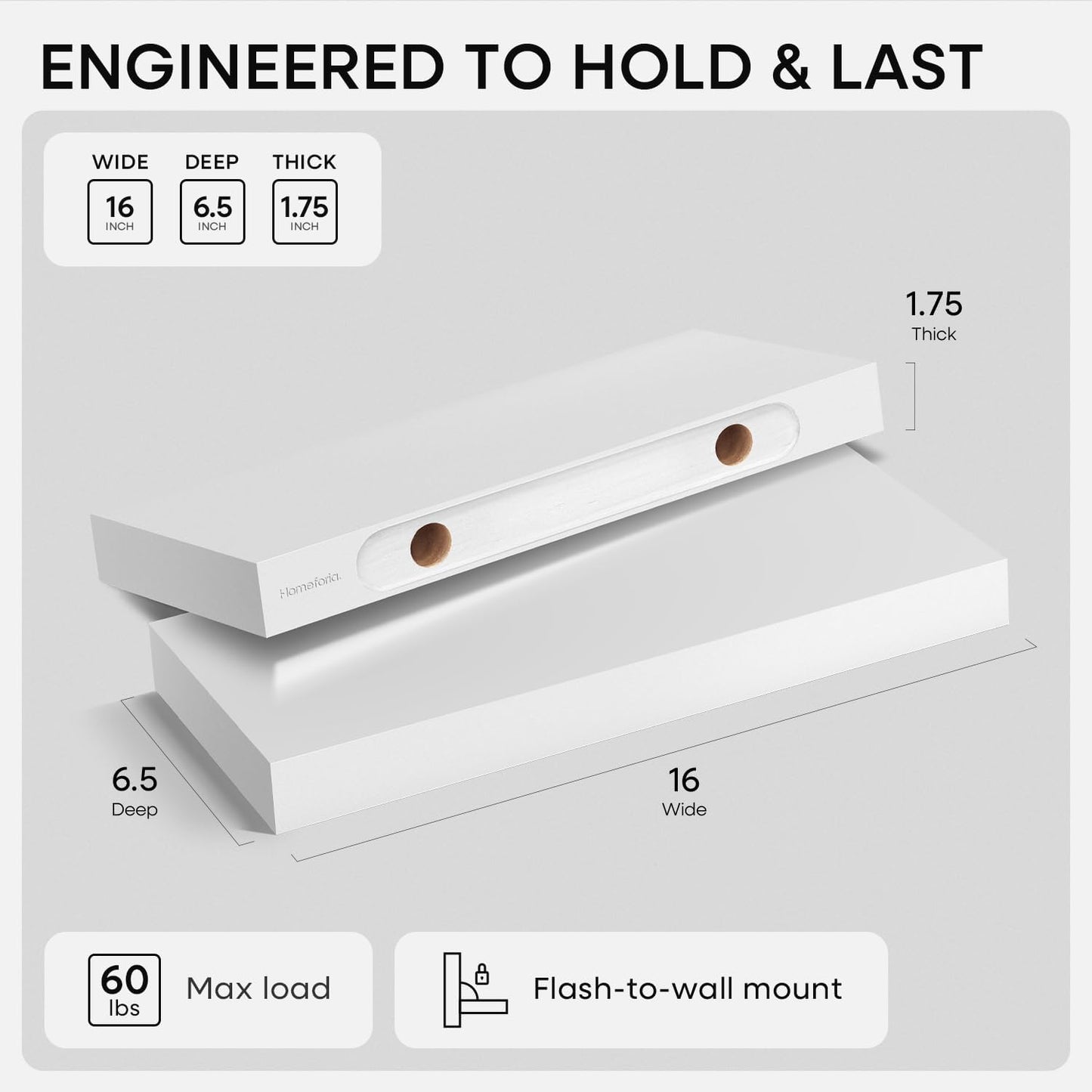 Homeforia White Floating Shelves 16 inch, High End Solid Real Wood 16inch Bathroom Floating Shelf for Wall Mounted, White Wooden 16 Floating Shelves, Heavy Duty Bracket, 16 X 6.5 X 1.75 inch, Set of 4