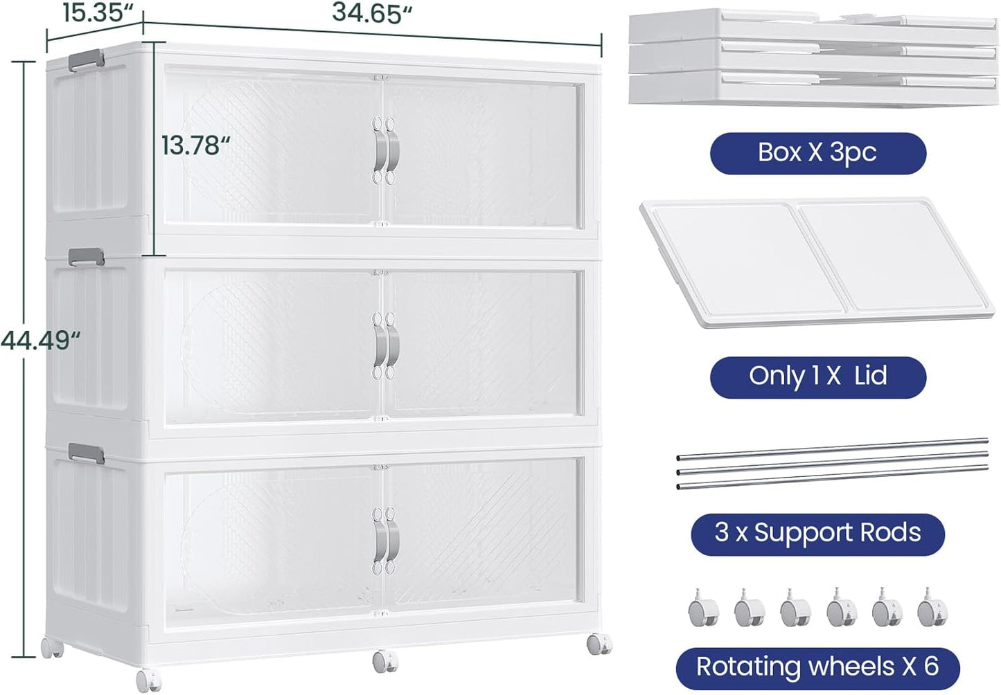 720QT Extra Large Stackable Storage Bins with Lid, 180Gal Plastic Closet Organizers and Storage Drawer, Collapsible Cabinet Box with Wheels Clear Doors for Home Kitchen Office, 3Pack White