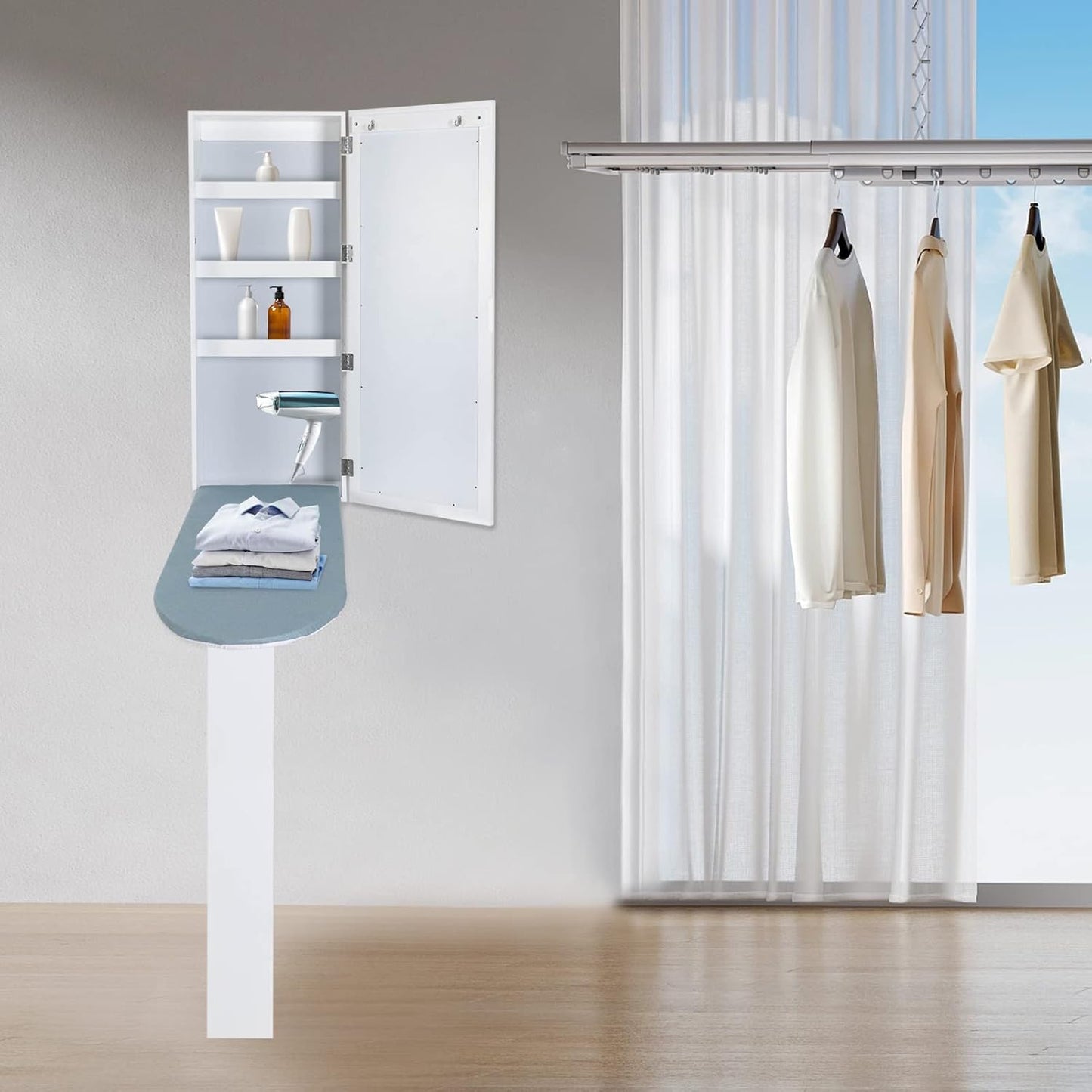 Wall Mounted Ironing Board Cabinet, Built-in Foldable Ironing Board & Folding Support Leg, Wall Ironing Boards with Mirror and 2 Hooks for Home, Apartment & Small Spaces
