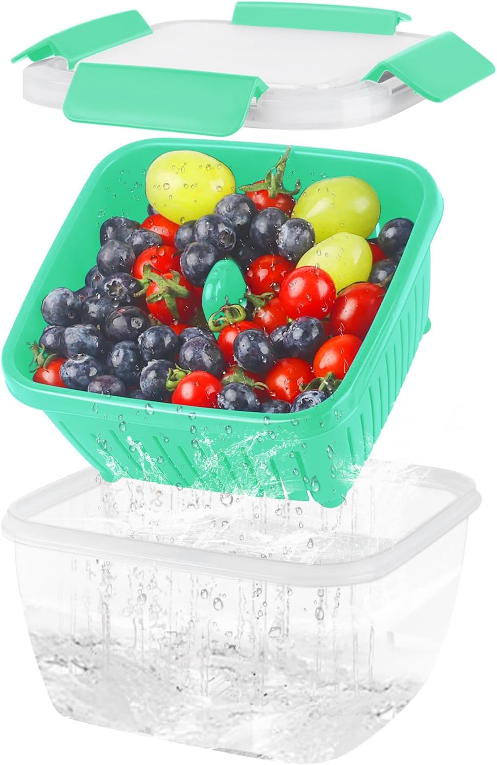 50oz Berry Keeper Fruit Storage Container for Fridge, Fresh Food Produce Saver Containers with Removable Drain Colander, Vegetable Lettuce Keeper Bowl, Refrigerator Organizer, PRESS TO OPEN CLOSE LID