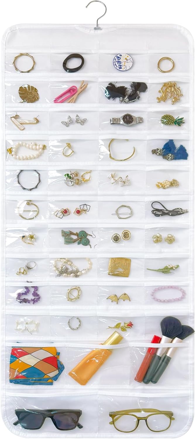 Bloss Hanging Jewelry Organizer With 90 Pockets,Earring Holder Organizer Storage For Valentine's Day Gift,Double-Sided Jewelry Holder for Earrings, Necklaces, Rings on Closet,Wall,Door(White)