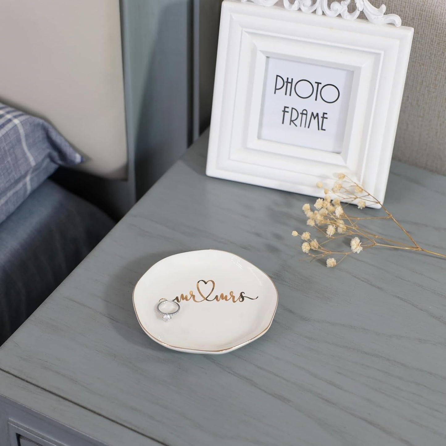 Mr.& Mrs Wedding Ring Dish-Jewelry Dish Tray-Ceramic White